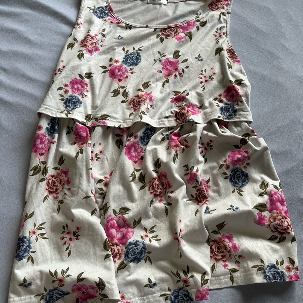 Ekouaer Floral Tank Shirt — Cream with Pink & Blue Flowers